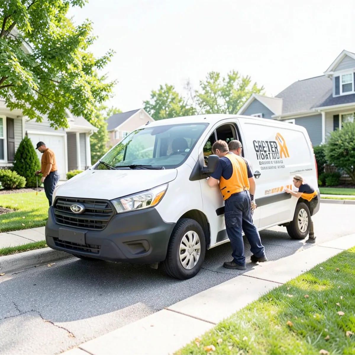 Independent trade service van parked on quiet residential Connecticut street