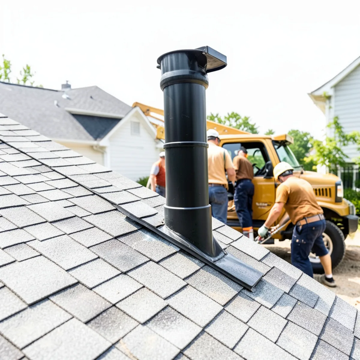 Plumbing vent pipe flashing extending through residential asphalt roof