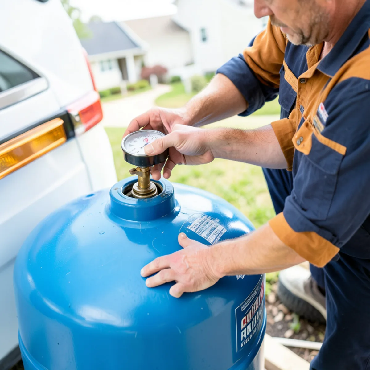 Checking air pressure pre-charge on well tank Schrader valve