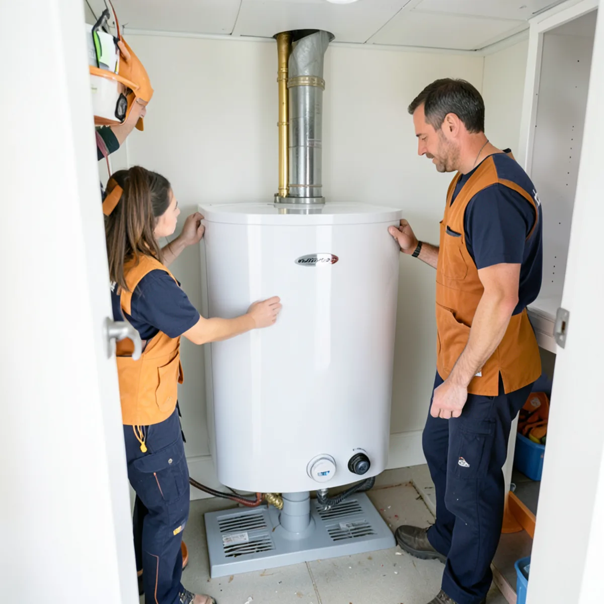 Compact electric water heater installed in condominium utility closet