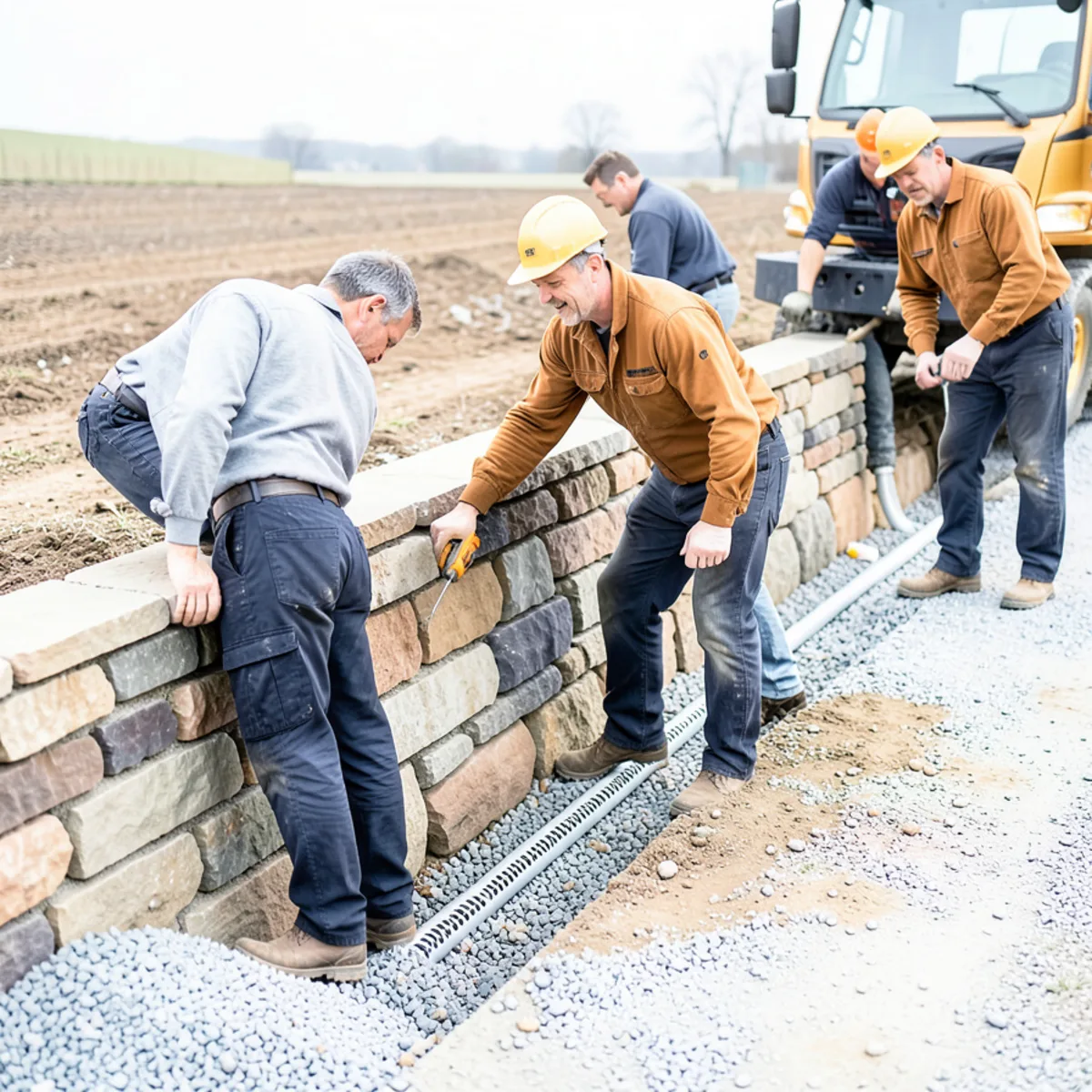 Perimeter drainage line along fieldstone foundation