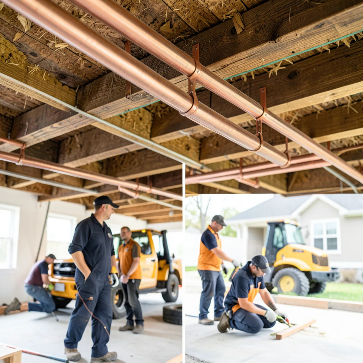 Clean copper water pipes hung beneath antique wood floor joists